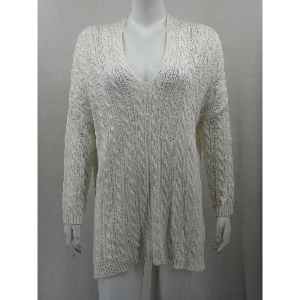 Polo Ralph Lauren Sweater Womens XL White Tunic Cable Knit V-Neck Preppy Staple